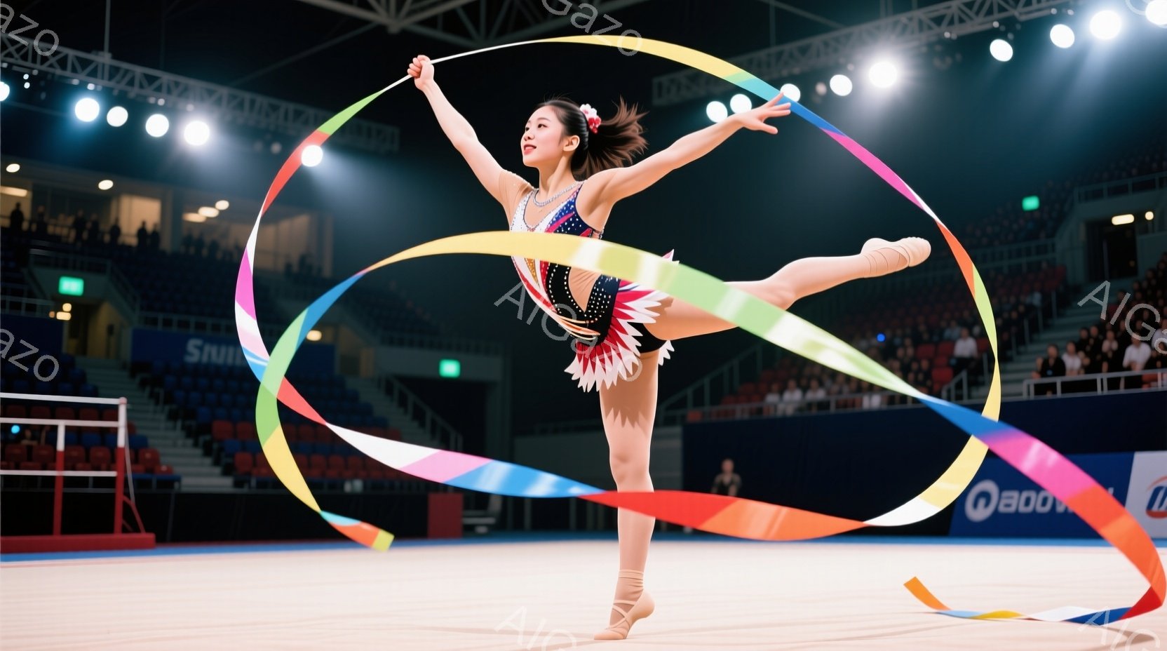 少女はリボンを操り、空中で脚を大きく開いてポーズをとっています。彼女は赤、白、青を基調とした華やかなレオタードと、バレエシューズのような靴を履いています。背景は観客席で、競技場全体が明るく、活気のある雰囲気が漂っています。