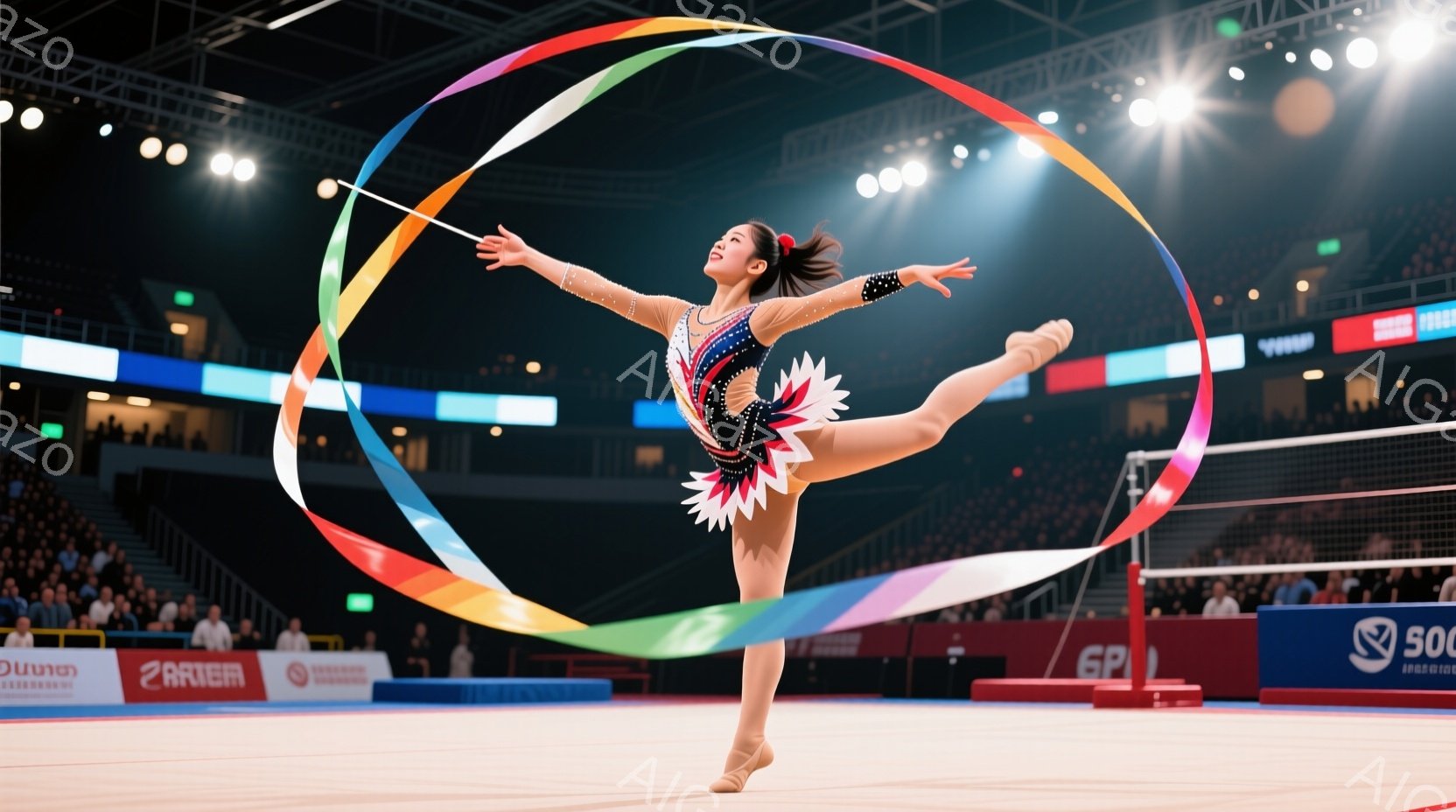 リズム体操選手が、鮮やかな色のリボンを空中で大きく旋回させている。彼女は水色のレオタードに身を包み、髪は高い位置でまとめられている。背景には観客席が見え、競技会場の照明が彼女を照らしている。