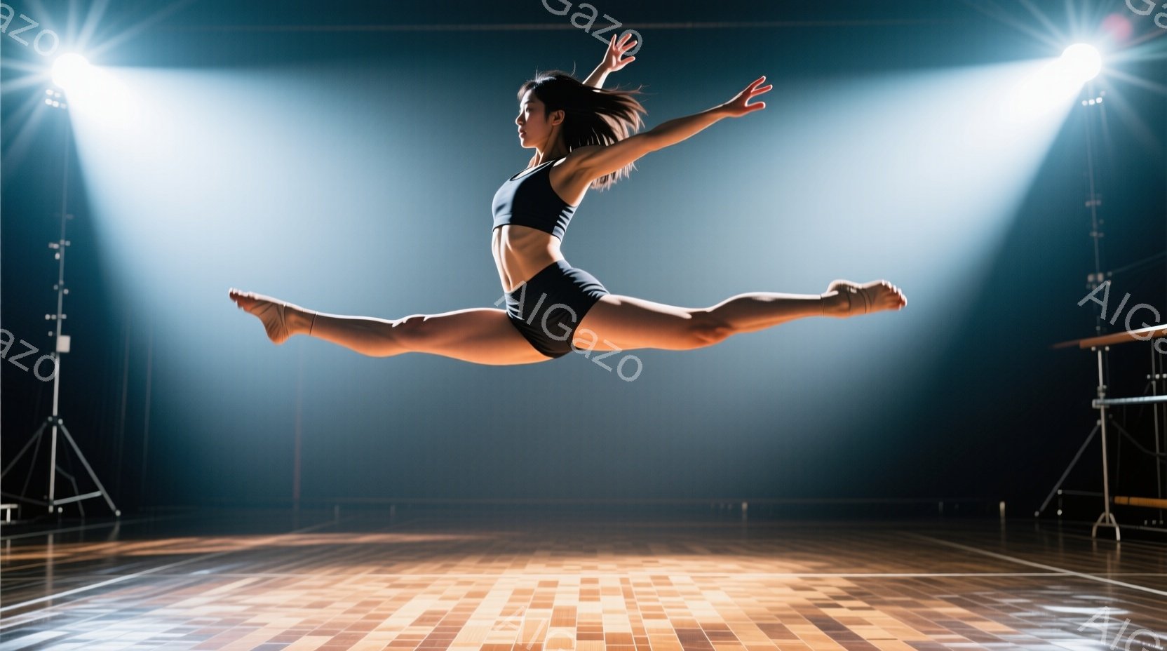 黒いレオタード姿の女性が、空中で両脚を大きく開いた躍動感あふれる姿勢をとっています。背景は薄暗い体育館で、スポットライトが彼女を照らし、床には木目調のフローリングが広がっています。 全体的に、彼女のダイナミックな動きと照明効果が、力強さと美しさを際立たせています。