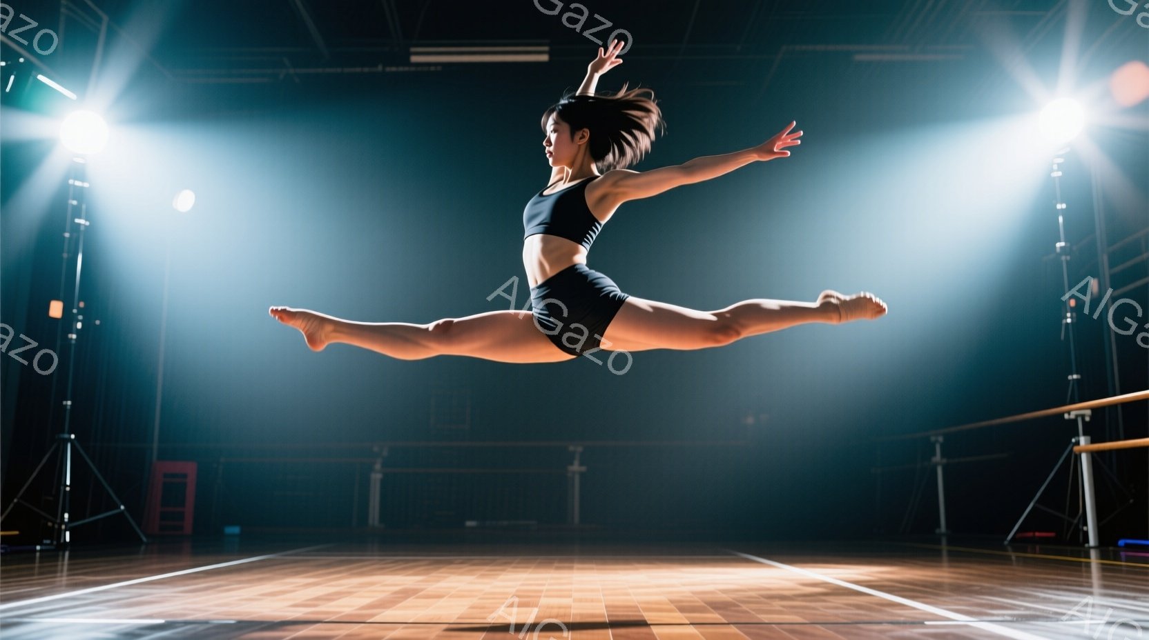 黒いレオタードと黒いショーツを身につけた女性が、体育館で空中で脚を大きく開いてジャンプしている。彼女は髪を後ろでまとめ、集中した表情でダイナミックなポーズをとっている。背景には体操器具や薄暗い照明が見え、競技場のような雰囲気がある。