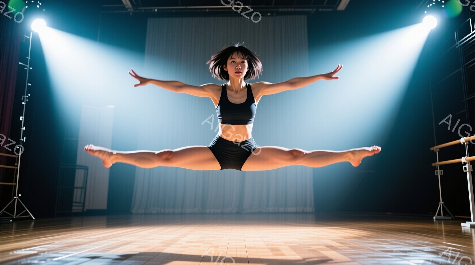 黒いレオタードとショーツ姿の女性が、舞台上で空中で脚を大きく開いてジャンプしている。彼女は黒髪をポニーテールにし、顔は真剣な表情で、躍動感に満ち溢れている。背景は舞台の暗闇で、スポットライトが彼女を照らし、力強い雰囲気を作り出している。
