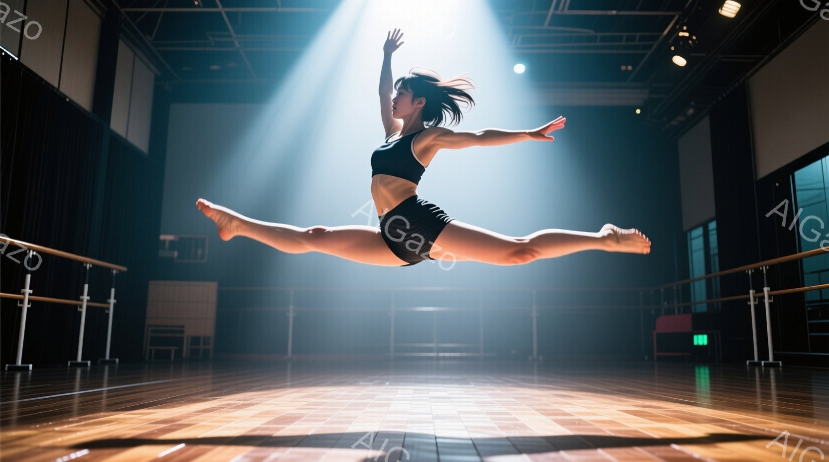 バレリーナが空中でのスプリットを披露しており、黒いスポーツブラとショーツを着用、髪は後ろでポニーテールにまとめられています。背景はダンススタジオで、木製の床、バレエバー、そして暗い空間にスポットライトが差し込んでいます。 全体的に躍動感があり、集中力と優雅さを感じさせる雰囲気です。