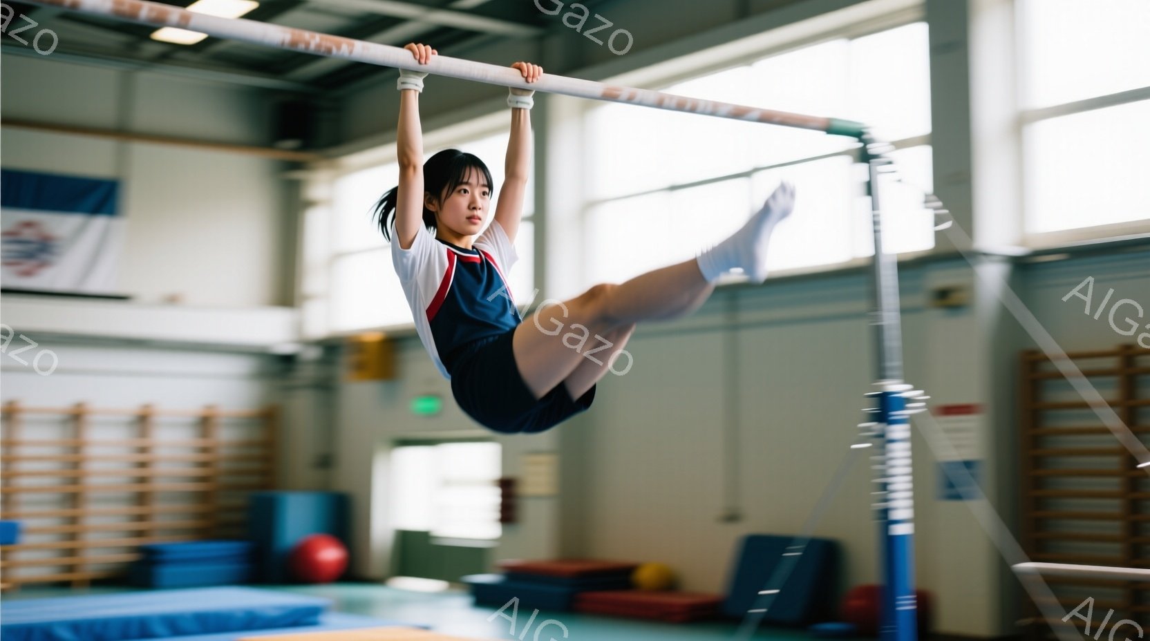 体操競技の練習中の少女が写っている。彼女は白い上着と紺色の短パンを着用し、髪はポニーテールに結ばれている。少女は空中での姿勢を保ち、バーをしっかりと握っている様子から、集中して技に取り組んでいることが窺える。