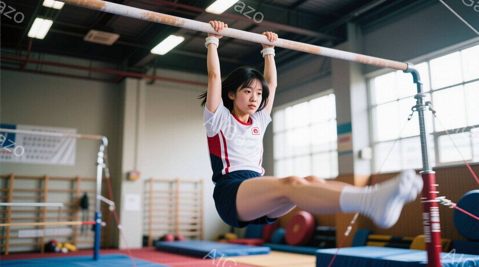 少女は体操競技場で懸垂棒につかまり、足を高く上げて空中姿勢をとっています。彼女は白い長袖シャツに赤いライン、紺色のショートパンツ、白いソックスを履いており、ポニーテールに髪を結んでいます。背景には他の体操器具やマットが写っており、体育館の室内でトレーニングに励む様子がわかります。