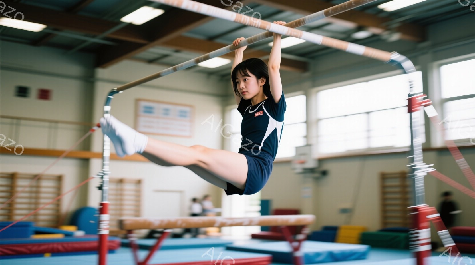 画像は体操競技の練習風景で、少女が鉄棒にぶら下がっている様子が捉えられています。彼女は紺色の体操着に白い靴下を履き、髪は後ろで一つにまとめています。背景には、マットや他の用具が置かれた体育館の内部が見え、集中した練習の雰囲気が伝わってきます。