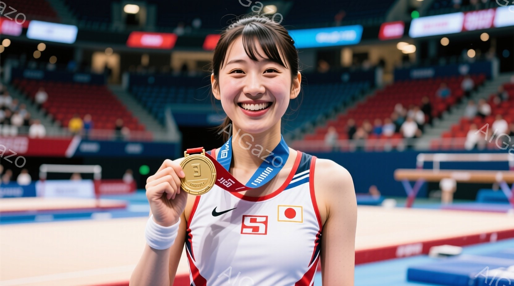 体操競技の選手が、金メダルを首にかけて満面の笑みを浮かべています。白い体操着に日本の国旗のマークとナイキのロゴが入り、髪は後ろでポニーテールに結ばれています。背景には観客席がぼやけて写っており、競技会場の熱気を感じさせます。