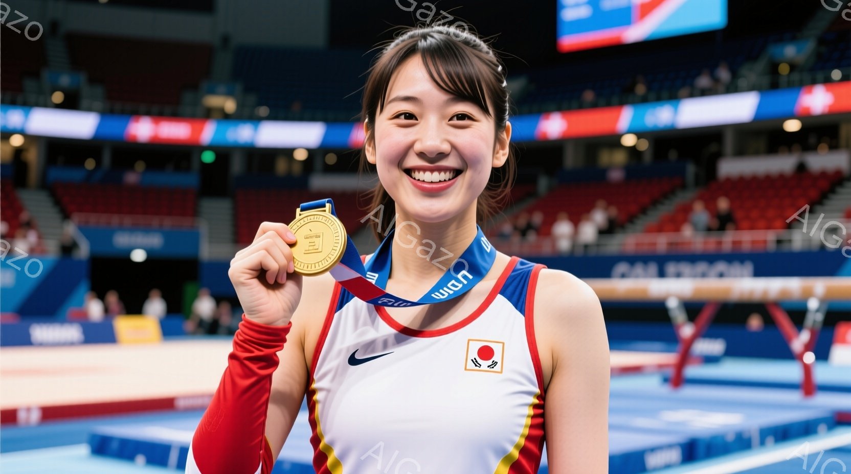 金メダルを手に笑顔を見せる女性体操選手が写っています。彼女は赤、白、青のラインが入った体操着を着ており、髪は高い位置でまとめられています。背景には観客席とスポーツ会場の照明が見え、勝利と喜びの雰囲気が伝わってきます。