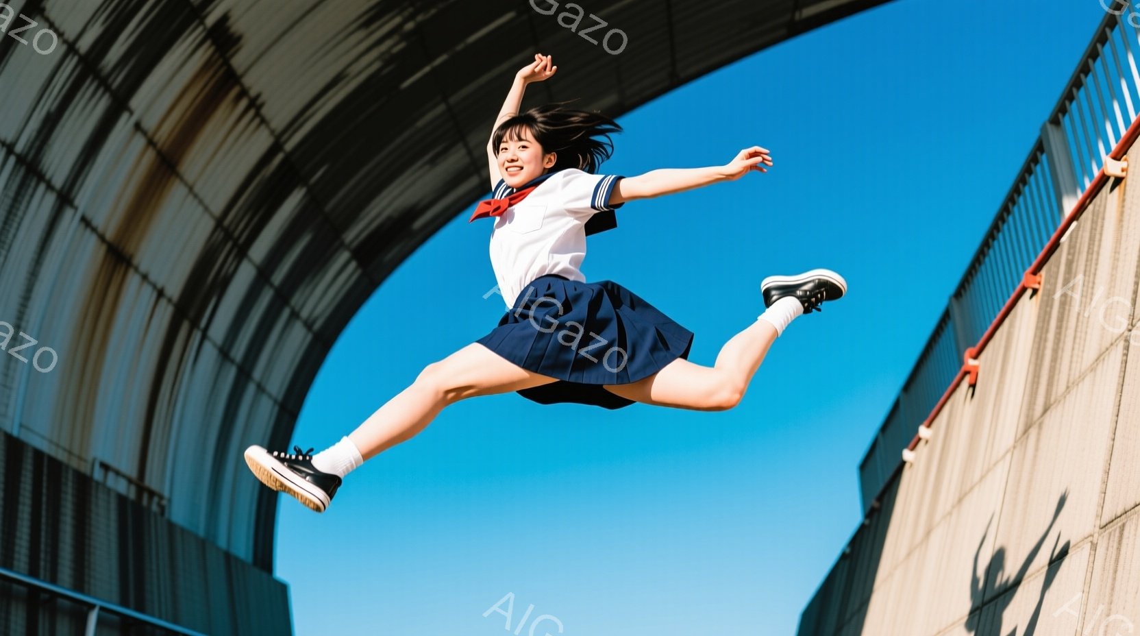 制服姿の女子高生が、コンクリートの構造物の前で大きくジャンプしている。紺色のスカートと白いブラウス、赤いリボンが特徴で、髪は肩まで伸びたストレートヘア。晴れた青空の下、躍動感があり、活気に満ちた雰囲気 - AI生成フリー素材