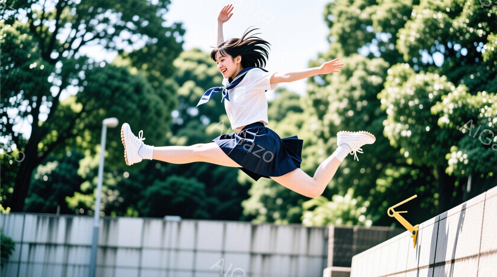 制服姿の女子高生が、コンクリートの壁の上を飛び越える瞬間を捉えた写真です。彼女は黒い短いスカートと白いシャツ、そして青いネクタイを身に着け、髪を後ろでポニーテールにしています。背景には緑豊かな木々と白 - AI生成フリー素材