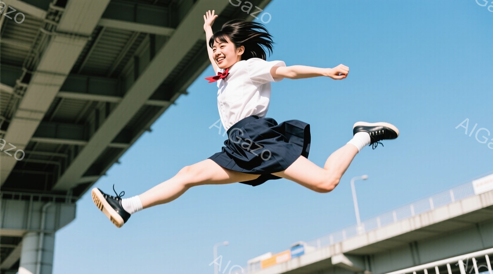 制服姿の女子高生が、青空の下で大きくジャンプしている様子が捉えられています。白いブラウスと紺色のスカート、赤いリボンがアクセントになっており、髪は肩までの長さで、表情は明るく楽しげです。背景には高架橋 - AI生成フリー素材