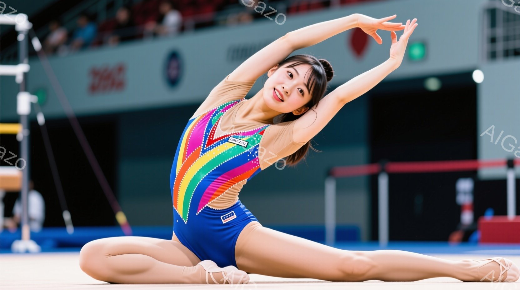 体操競技の選手が床で柔軟体操をしている写真です。虹色のレオタードと白い体操シューズを着用し、髪は後ろでまとめられています。背景には観客席や競技用具が見え、競技会場の活気ある雰囲気が伝わってきます。