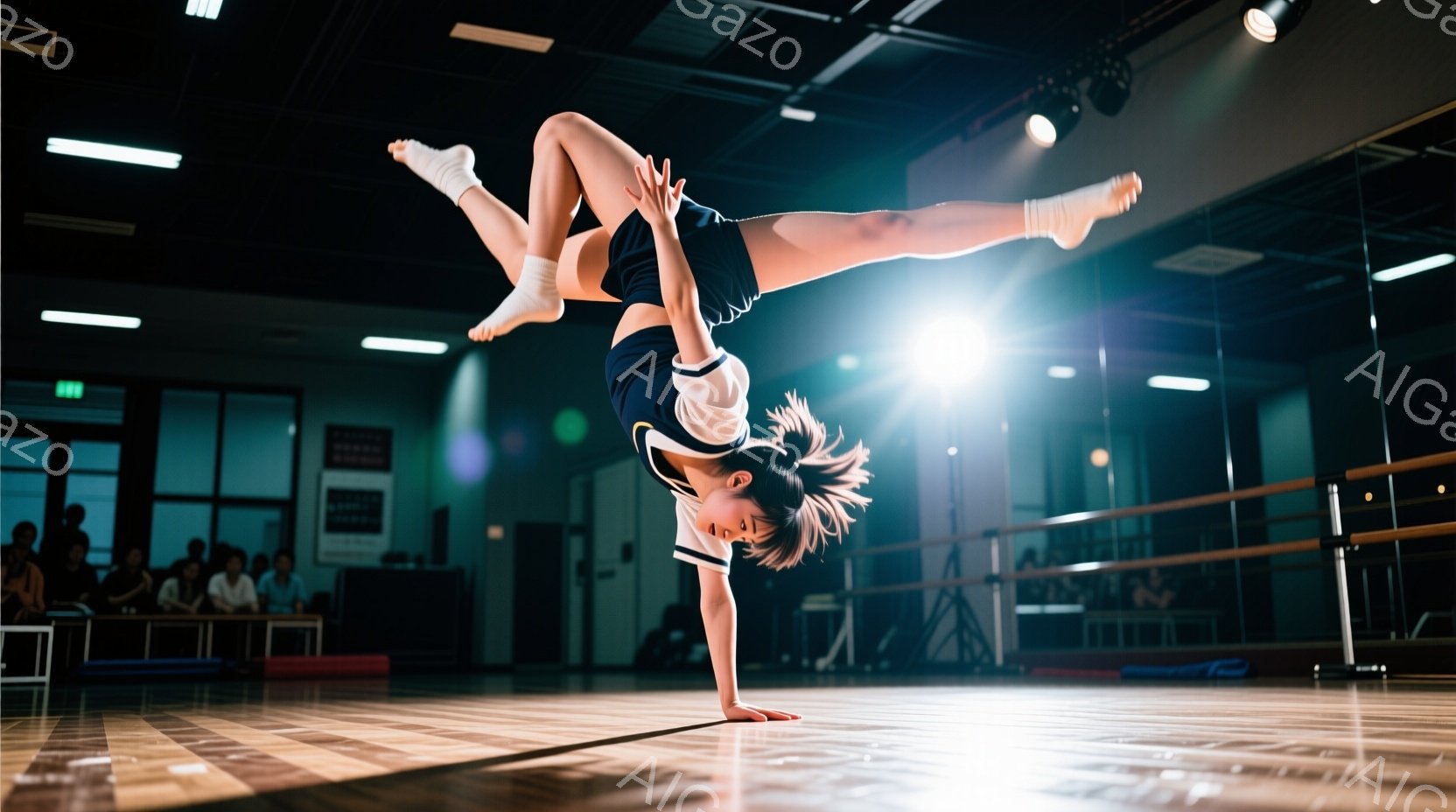 彼女はジムのような場所で空中で手をついてバランスを取り、高度な体操の動きを行っています。彼女は黒と白のストライプのトップスと短いショーツを着ており、髪は後ろでポニーテールに結ばれています。背景には観客席と鏡があり、スポットライトが彼女を照らし、ダイナミックでエネルギッシュな雰囲気を醸し出しています。