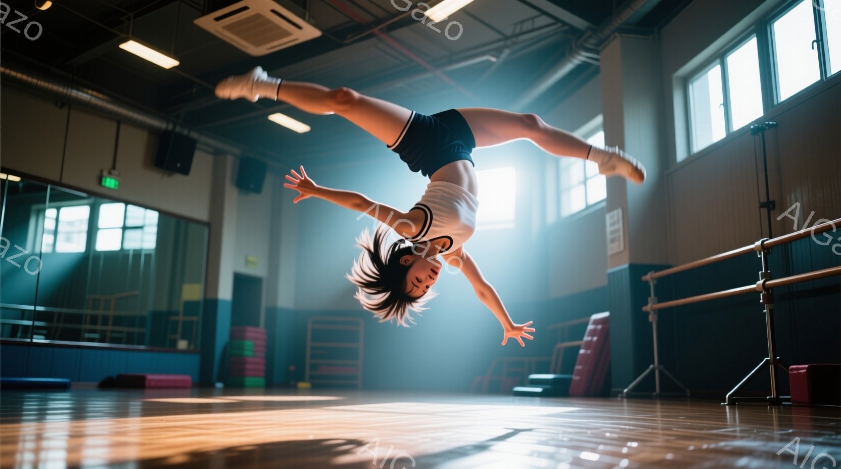 少女は体操場で空中で回転している様子が捉えられています。黒と白のストライプが特徴的なスポーツウェアに身を包み、髪は無造作に飛び散り、運動の躍動感を強調しています。木製の床が光を反射し、周囲には体操器具や鏡が配置され、活気のあるトレーニング風景が広がっています。