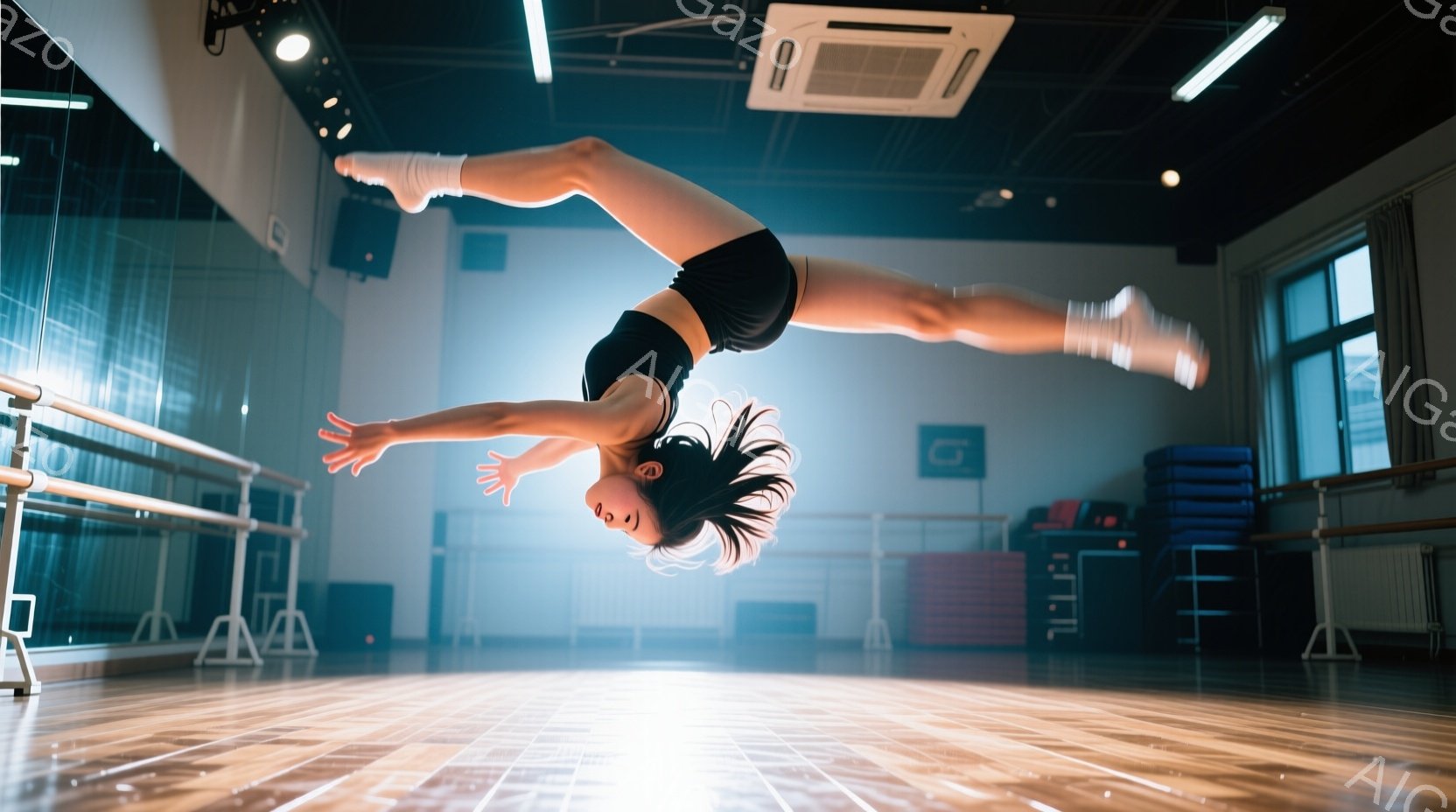 バレエスタジオで、女性が空中で後転をしている様子が捉えられています。黒いスポーツブラとショーツ姿で、髪は後ろで高く結ばれており、顔は笑顔で、躍動感に満ちています。スタジオ内にはバレエバーやマットが配置されており、明るい光が床に反射し、活気のある雰囲気を醸し出しています。
