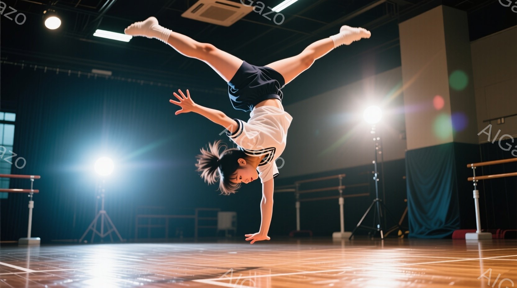 体操選手と思しき少女が、体育館の床で巧みに手倒立をしている。彼女は白い半袖シャツに黒いショートパンツ姿で、髪は後ろで一つにまとめられている。背景には、青いカーテンと照明機材が見え、舞台のような雰囲気で、明るい照明が彼女を照らし出している。