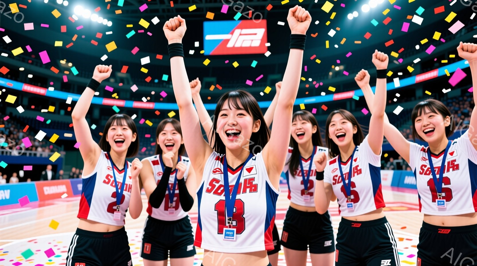 バレーボールのユニフォームを着た若い女性たちが写っており、全員が両手を高く上げて勝利を祝っている様子がうかがえる。彼女たちは明るい笑顔を見せ、髪型はポニーテールまたはハーフアップで、元気いっぱいの表情をしている。背景には観客席とカラフルな紙吹雪が舞っており、勝利の喜びと活気に満ちた雰囲気を強調している。