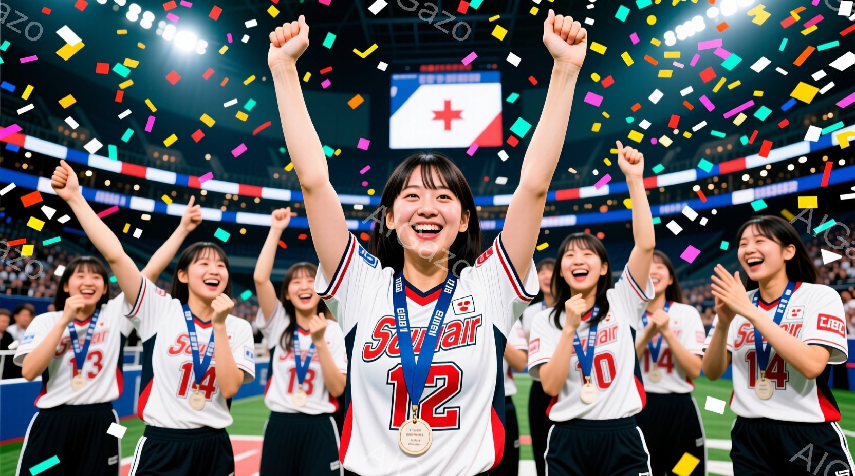 複数の若い女性たちが勝利を祝っている様子が写っています。彼女たちは皆、赤い数字が書かれた白いユニフォームを着ており、それぞれ首に金メダルをかけています。背景には観客席とカラフルな紙吹雪が舞い、喜びと興奮に満ちた雰囲気が伝わってきます。