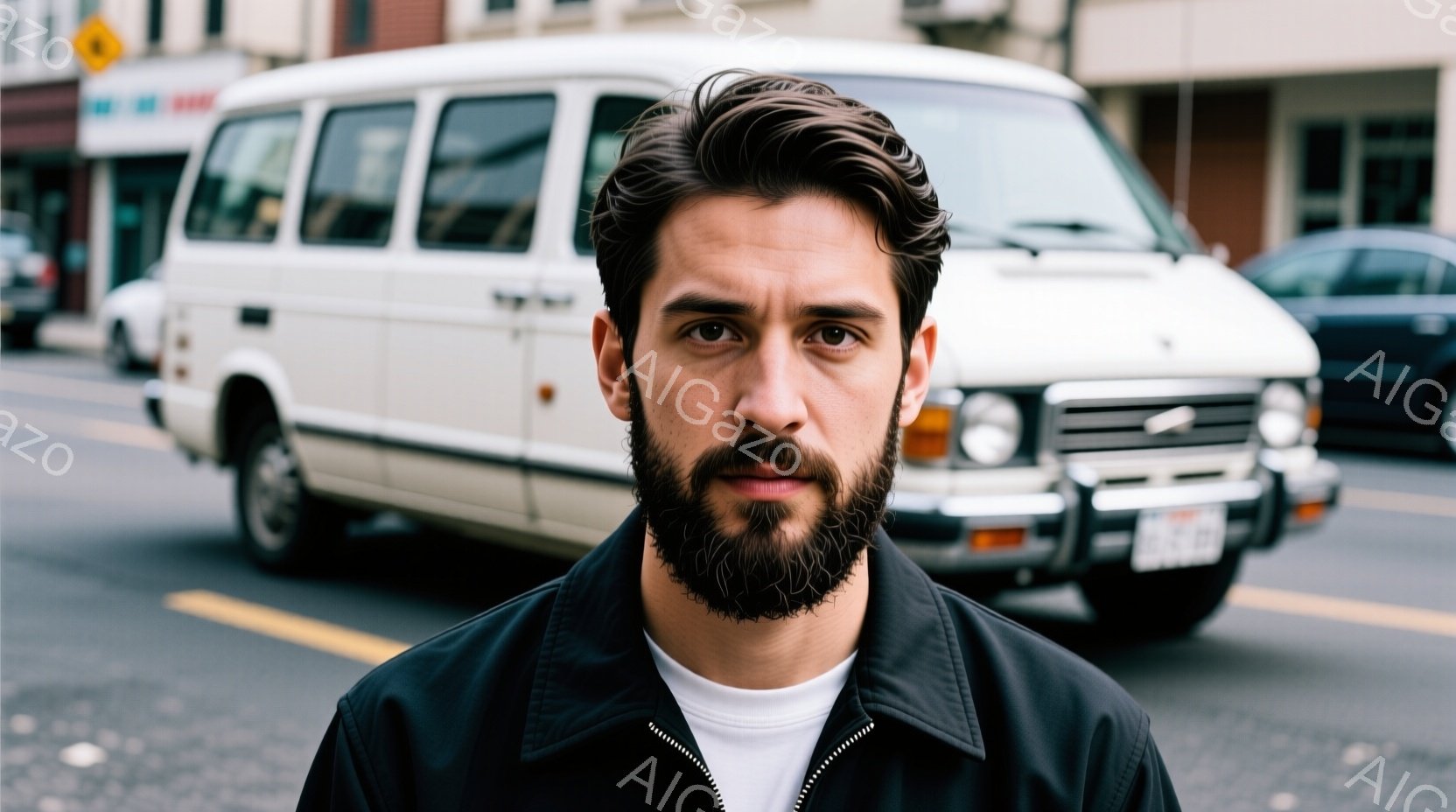 濃い眉と口髭を生やした男性が、黒いジャケットと白いTシャツを着て正面を向いています。彼は少し緊張した表情で、視線をカメラに向けています。背景には黄色い線が引かれた道路と、白のバン、そしてぼやけた建物が写っており、少し曇った日の街並みが広がっています。