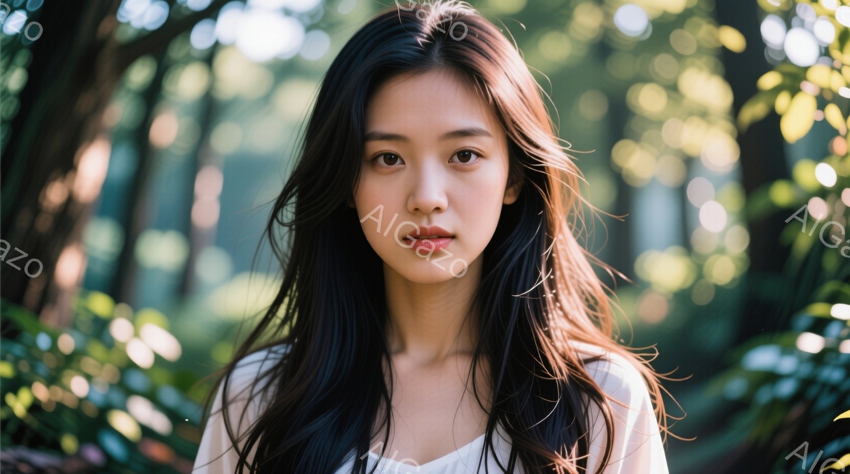 長い黒髪を無造作に垂らし、白いオフショルダーのトップスを着た若い女性が写っている。彼女は穏やかな表情で正面を見つめ、自然な光が彼女の顔を優しく照らしている。背景は緑豊かな木々で、柔らかくぼやけた雰囲気は、彼女の美しさを際立たせ、穏やかで平和な印象を与える。