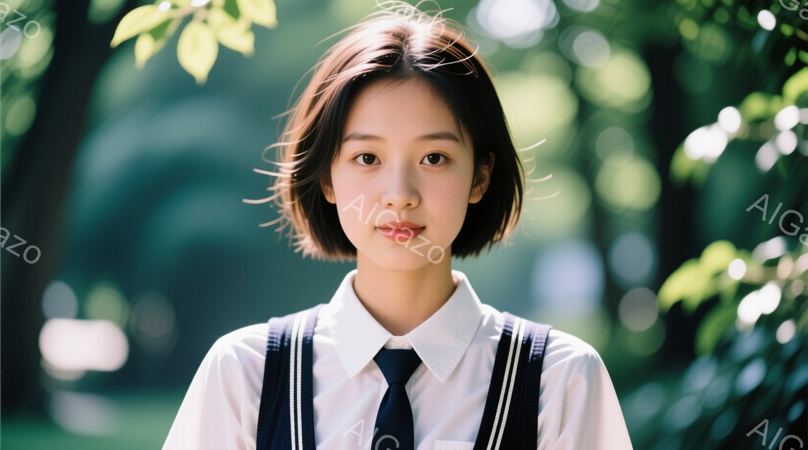 若い女性が、白いシャツに紺色のネクタイ、サスペンダーを着用し、穏やかな表情で正面を見ている。彼女は短めのボブヘアで、背景には緑豊かな葉が生い茂る木々が見える。全体的に、若々しく、爽やかな印象を与える写真である。