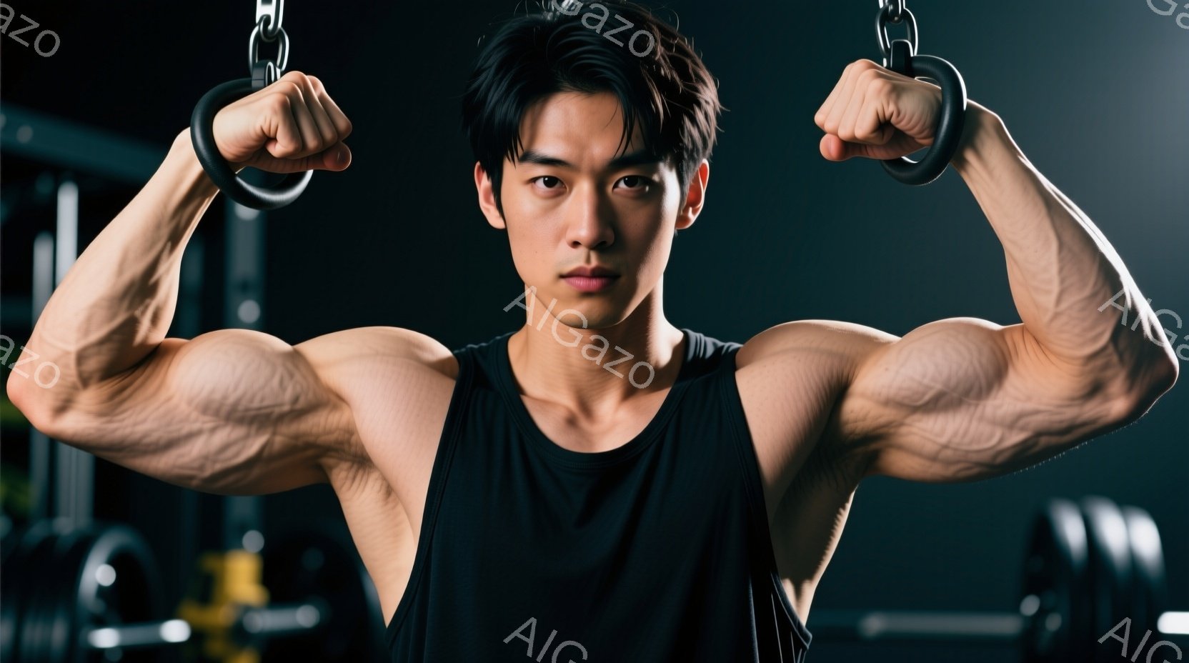 鍛え上げられた肉体を誇示する男性が写っている。タンクトップ姿で、力強く腕を曲げ、ジムのチェーンに手をかけている。背景には、他のトレーニング器具が見え、集中したトレーニングの雰囲気が漂っている。 - AI生成フリー素材