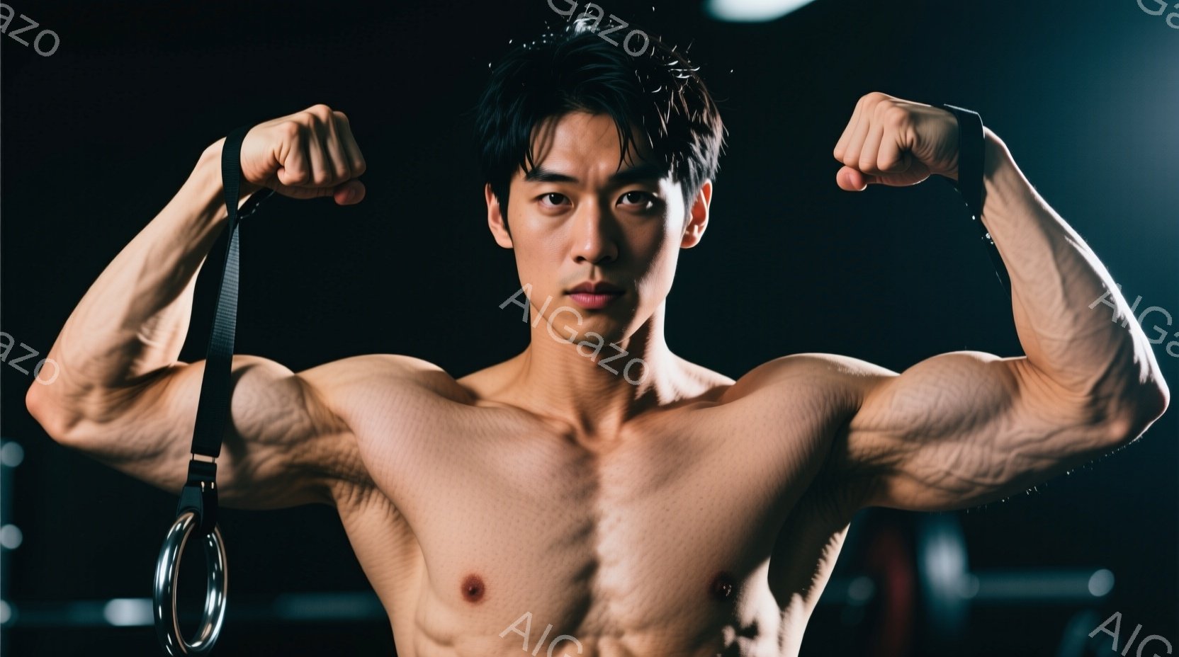 鍛え上げられた肉体を持つ男性が、体操リングを握り、力強く腕を曲げている。彼は上半身裸で、短い黒髪、引き締まった表情で、筋肉質な体格を強調している。背景は暗く、ジムのような空間で、集中したトレーニングの雰囲気が漂っている。