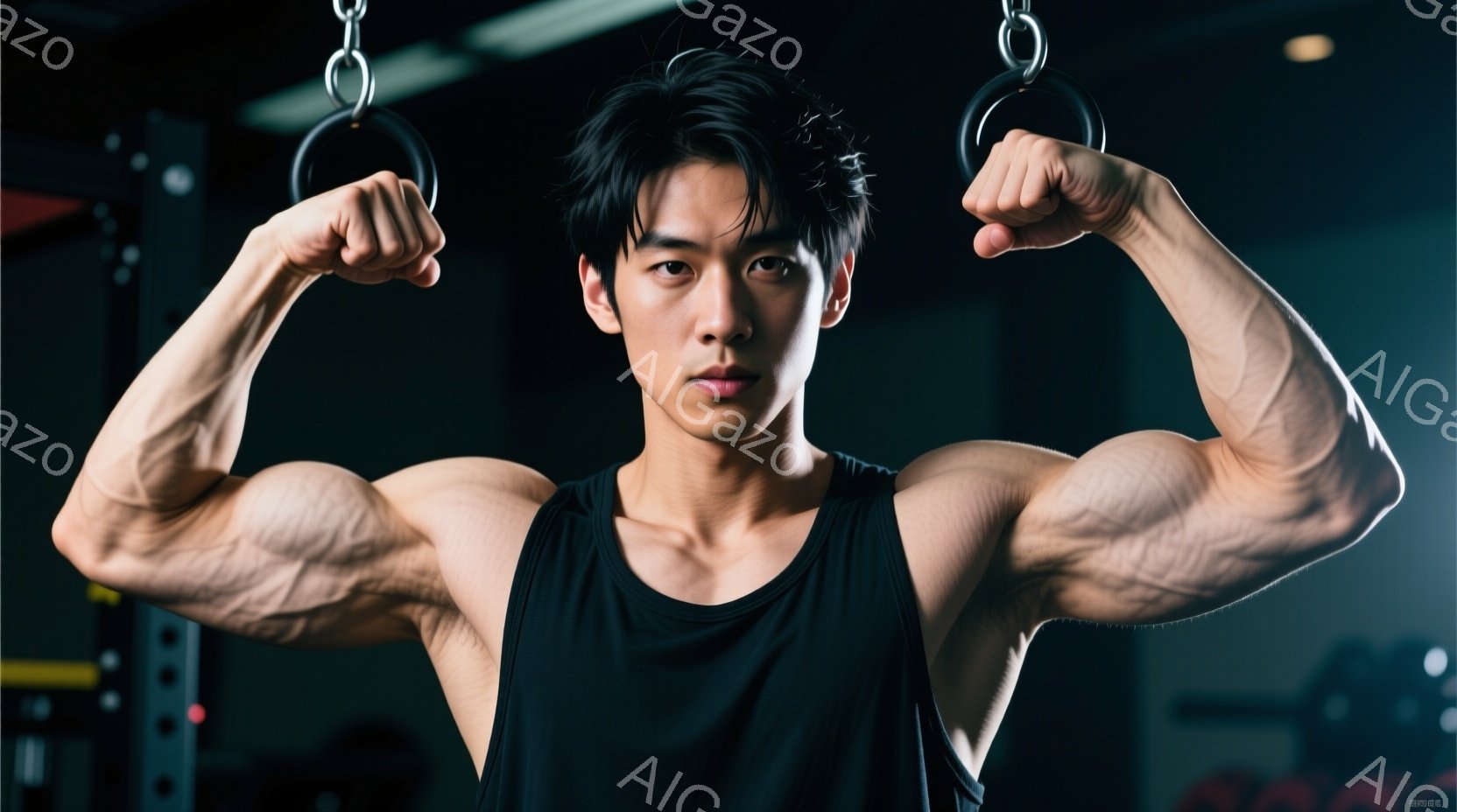 鍛え上げられた筋肉を持つ男性が、ジムのチンニングバーにつかまっている。黒いタンクトップを着ており、短く整えられた黒髪と真剣な表情をしている。背景には、他のトレーニング器具が見え、集中したトレーニングの雰囲気が漂っている。