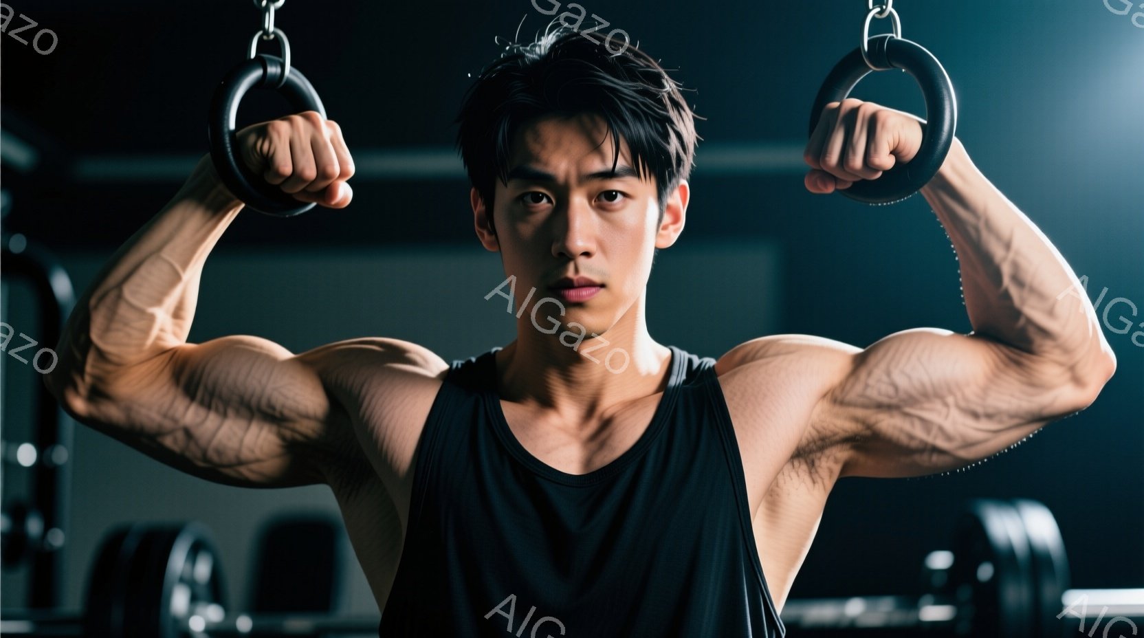 鍛え上げられた肉体を持つ男性が、ジムで懸垂のためのリングにつかまっている。黒いタンクトップを着ており、短く整えられた髪型で、強い意志を感じさせる真剣な表情をしている。背景には、他のトレーニング器具がぼ - AI生成フリー素材