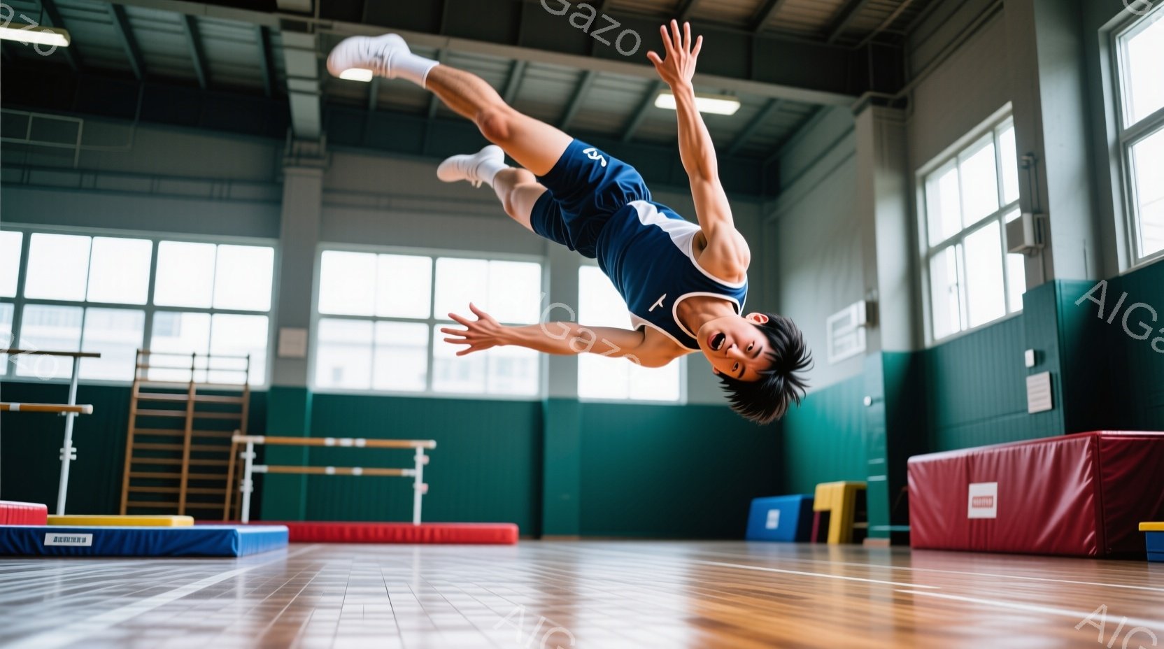 体育館で空中で技を行っている若い男性が写っています。彼は紺色の体操服と白い靴下を履き、黒い髪を短く整えています。空中で体を大きく反らせ、両腕を広げ、表情は真剣で集中しています。