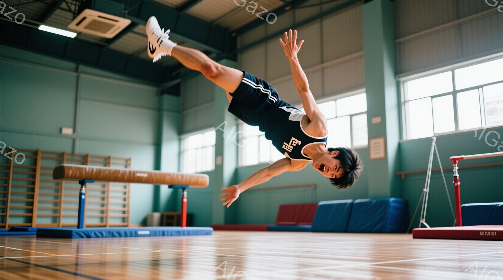 体育館で男子体操選手が空中で回転している様子が捉えられています。彼は黒のタンクトップと短い運動用ショーツを着用し、髪は短く整えられています。背景には、青い壁と体操用具が並び、活気のある練習風景が伺えま - AI生成フリー素材