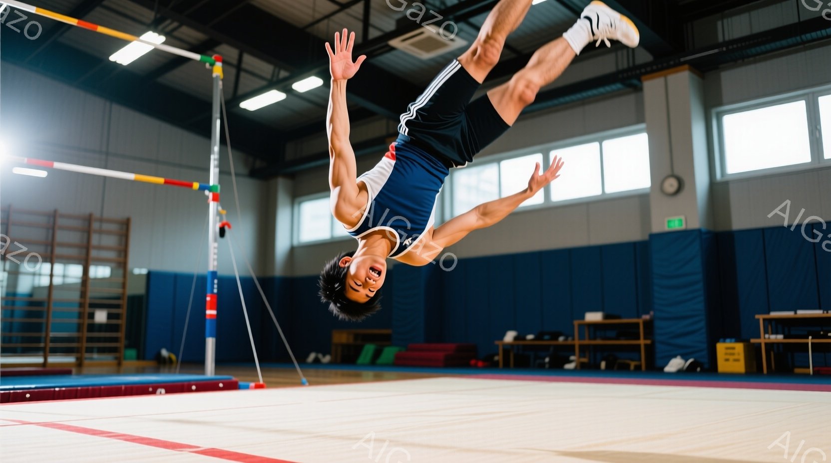 少年は体操競技の最中で、空中で体をひねって宙返りをしています。濃い青と白の体操着に、短髪で、集中した表情をしています。背景には体操用具や壁があり、体育館のような室内で練習に励んでいる様子が伺えます。
