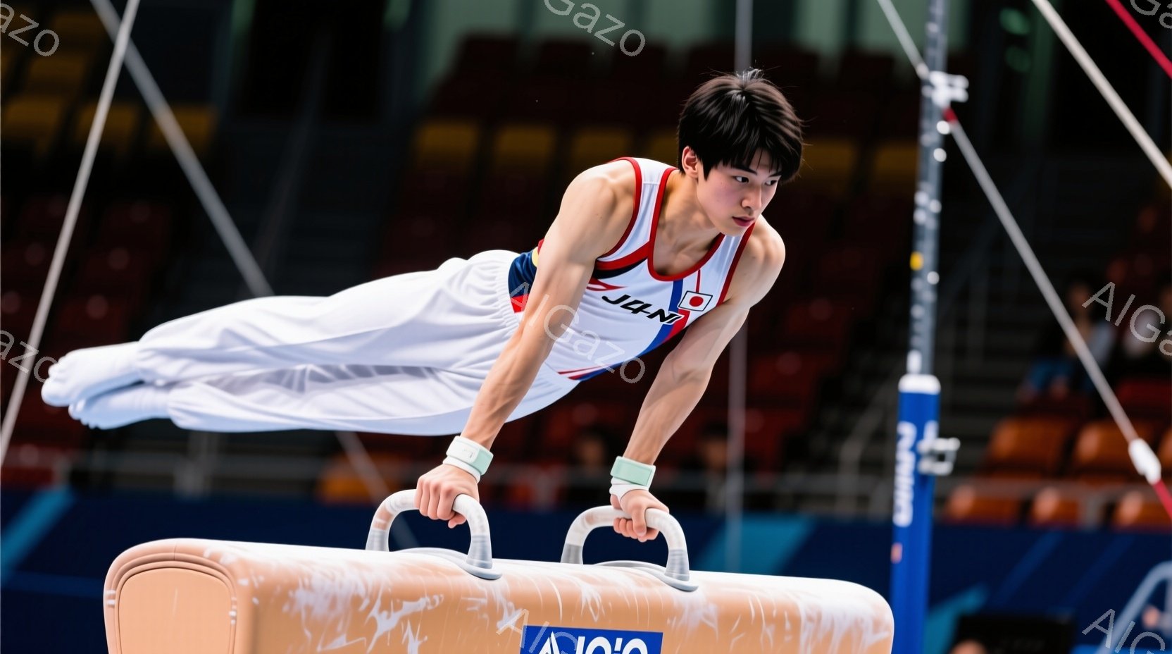 競技者は、青と白のユニフォームを着用し、髪型は短く整えられています。彼は、体操競技の平行棒の上で体を伸ばし、力強くポーズを決めています。背景には、観客席が見え、競技場の照明が明るく照らされています。