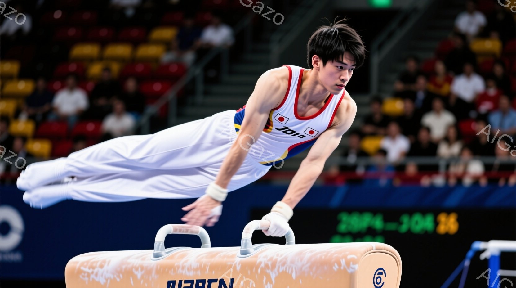 競技者は、青と赤のストライプが入ったユニフォームを着用し、空中で倒立しています。彼の髪は短く整えられており、集中した表情で、体操競技の鞍馬で技を行っている最中です。背景には観客席が見え、競技場の照明が明るく照らされています。