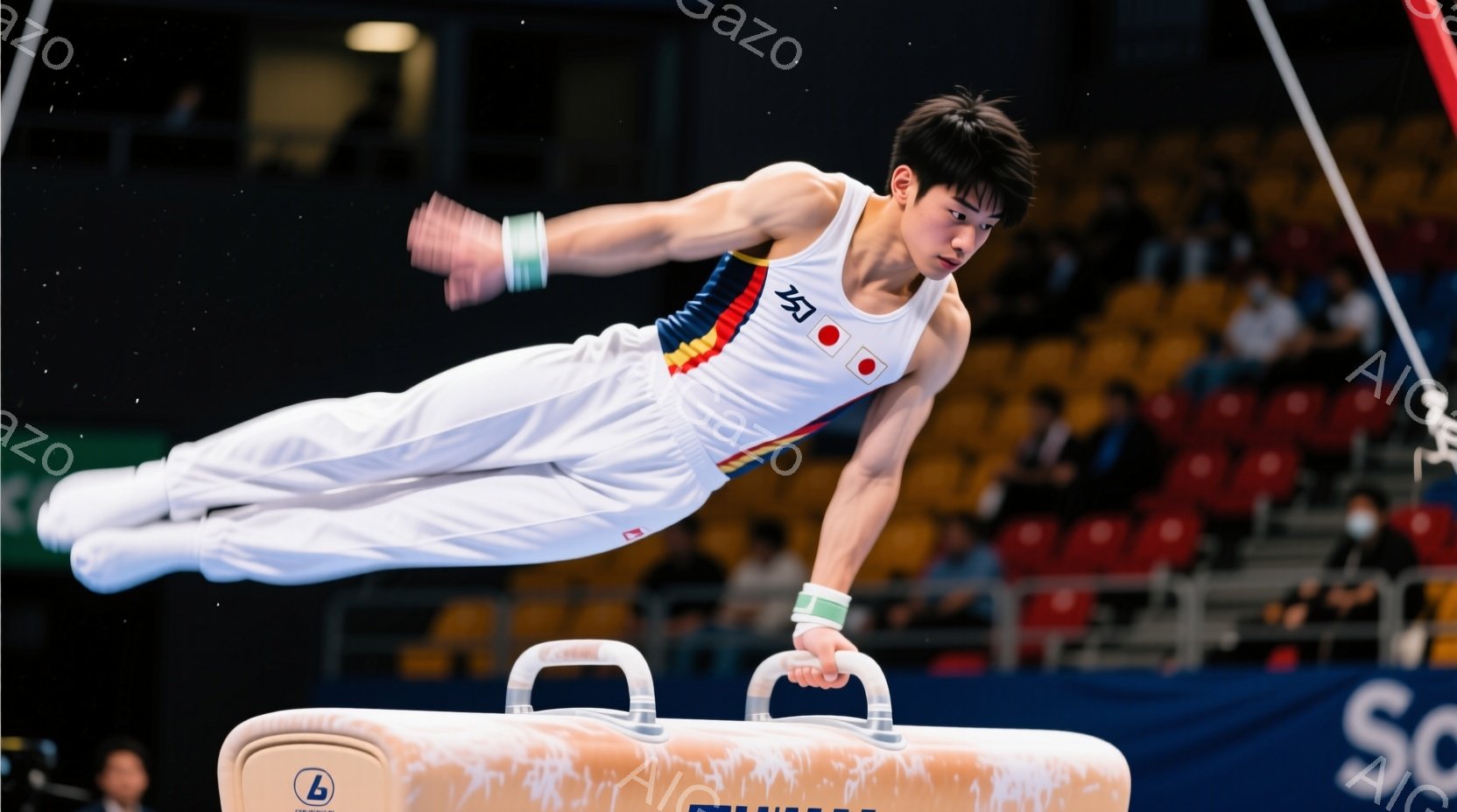 競技者は、青と白を基調とした日本代表のユニフォームを着用し、青いリストバンドを付けています。彼は、平行棒の上で体を伸ばし、片手で支えながら宙返りのような動きを行っており、集中した表情をしています。背景には観客席がぼやけて見え、競技会場の活気を感じさせます。