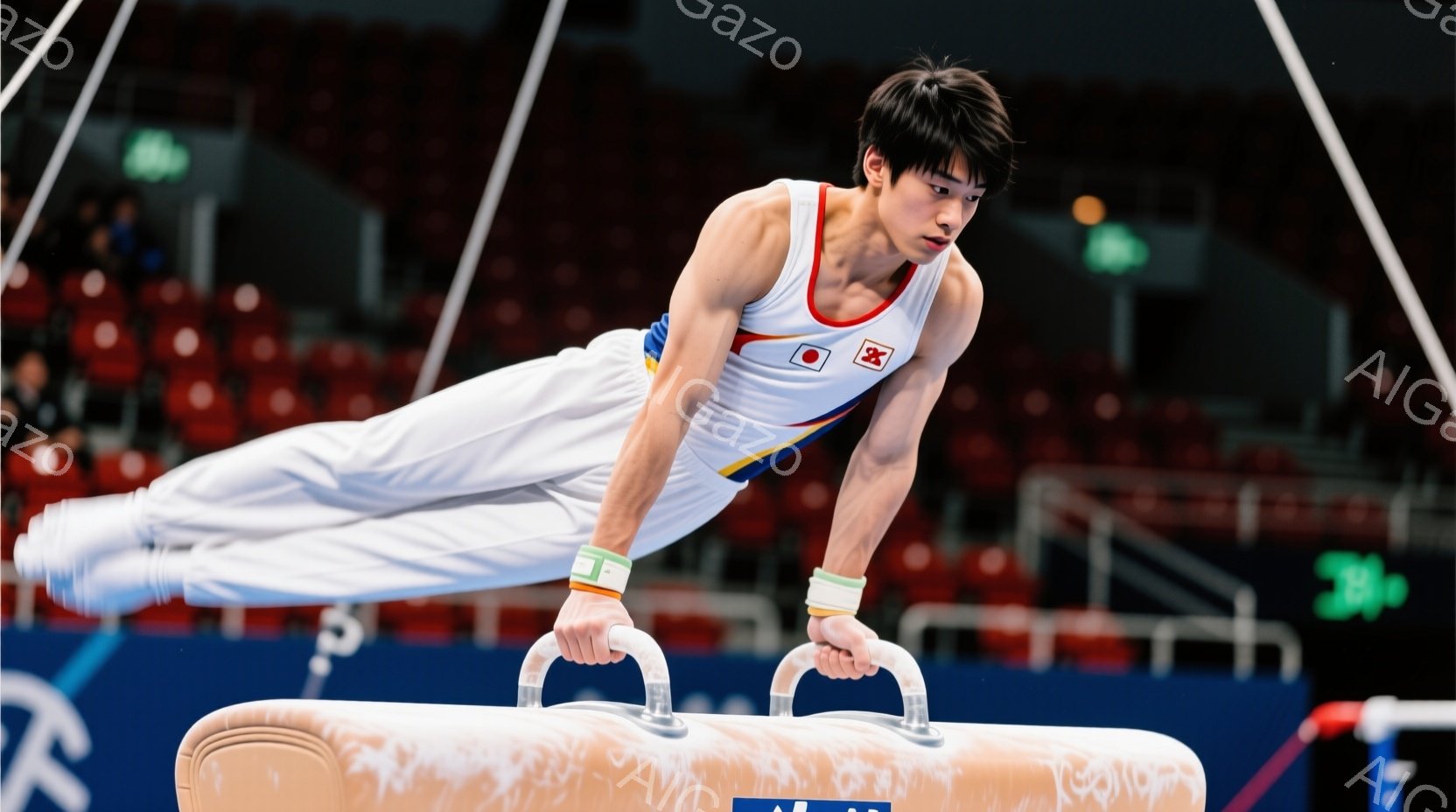 競技者は白と赤の体操着を着て、青いリストバンドをしています。彼は平均台の上で体を伸ばし、両手で平均台をつかんでバランスを取っています。背景は競技会場で、観客席と照明がぼやけて見えます。