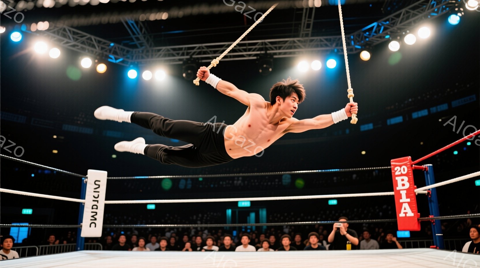 筋肉質な男性がリングの上空で力強い姿勢で空中でポーズをとっています。彼は黒いショーツと白い靴を着用し、引き締まった体を誇示しています。背景には観客席が広がり、リングの周りには赤い柱と照明が配置され、競技場の活気ある雰囲気が伝わってきます。