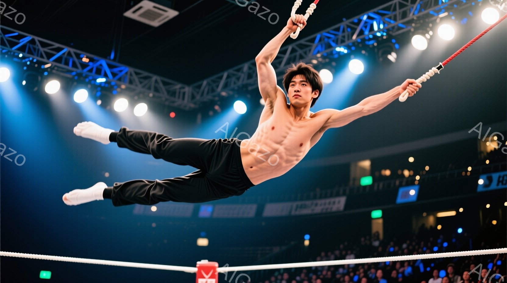 競技者が床の上に立っており、鮮やかな赤、白、青の体操着を着て、金メダルを誇らしげに掲げています。彼は黒髪で、笑顔で観客を見つめており、その表情は勝利の喜びと達成感を表しています。背景には多くの観客がおり、会場全体が熱狂的な雰囲気で満たされています。