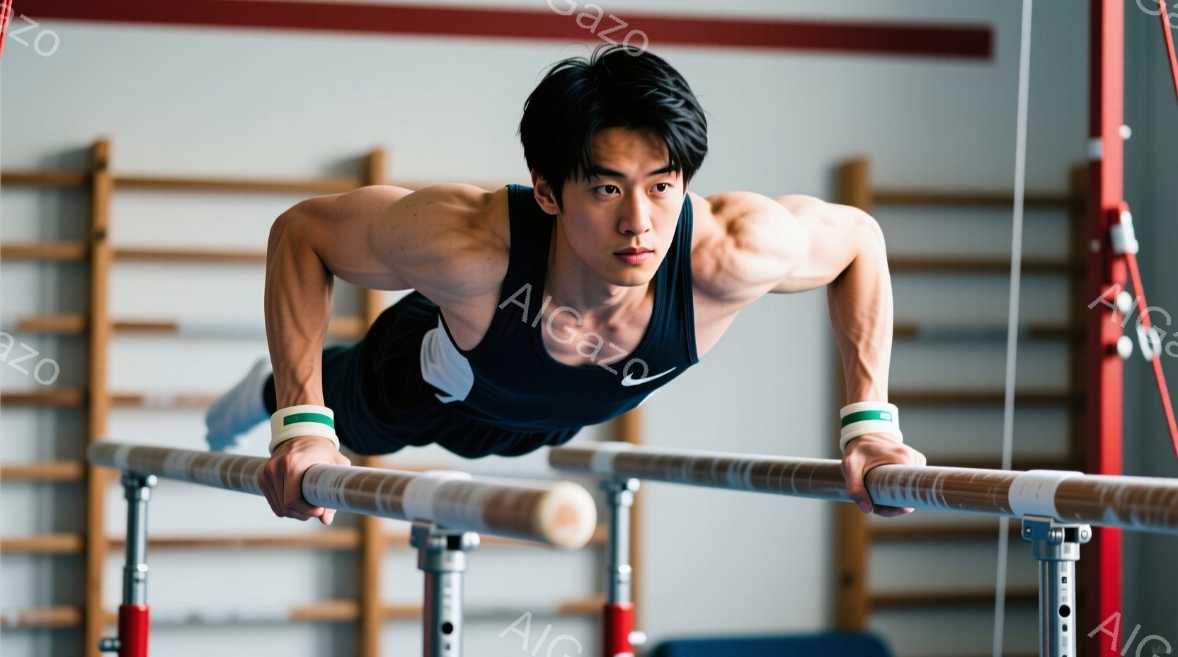 筋力トレーニング中の男性が写っている。彼は黒のタンクトップと短パンを着用し、腕には緑色のリストバンドをつけている。男性は体操競技の平行棒の上で体を支え、集中した表情で正面を見据えている。