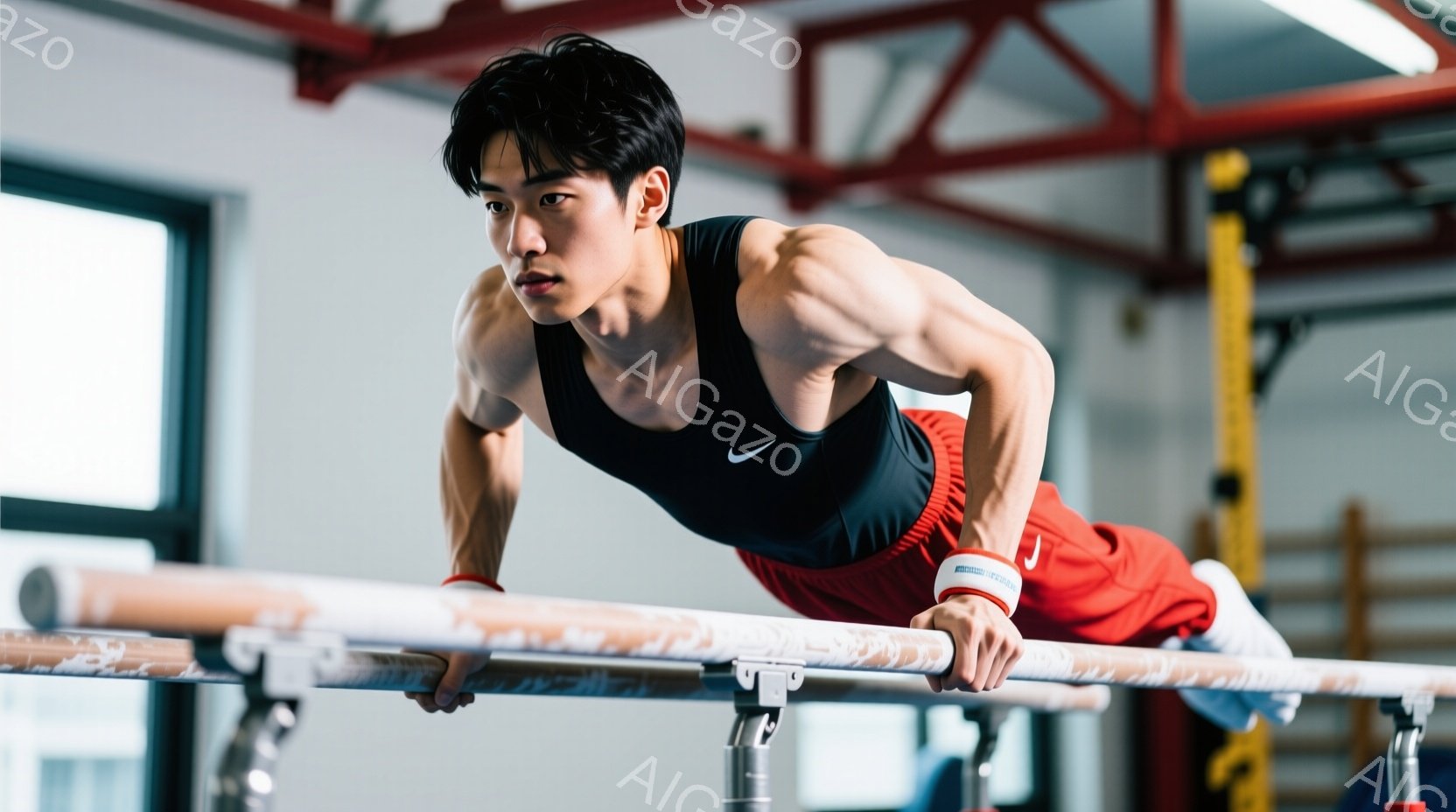 競技者は青と黒のレオタードと赤いショートパンツを着用し、ジムの平行棒の上で体を支えています。彼の髪型は短く、顔は集中した表情をしています。背景にはジムの器具が見え、全体的に運動能力と集中力を感じさせる雰囲気です。