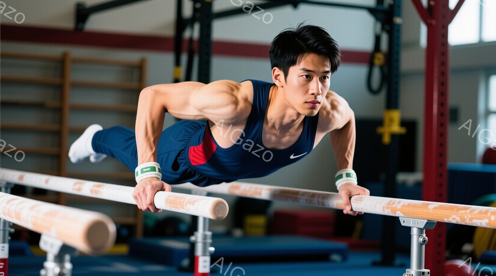 男子は体操競技の平行棒でパフォーマンスをしているところです。彼は紺色と赤色の体操着と白い靴を着用し、短く整えられた黒髪で、集中した表情をしています。背景には体操の器具や青い床が見え、トレーニングジムの - AI生成フリー素材