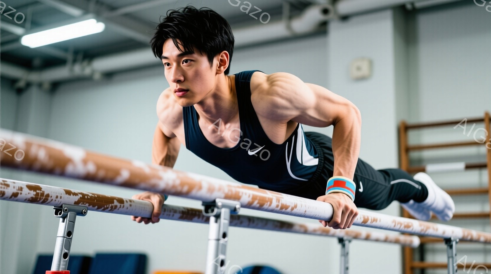 競技体操選手が平行棒の上でポーズをとっています。彼は黒のタンクトップ、黒いショーツ、そして白い手首バンドを着用し、集中した表情で腕を伸ばして体を支えています。背景には体操の器具が並び、体育館のような室内で練習に励んでいる様子がうかがえます。