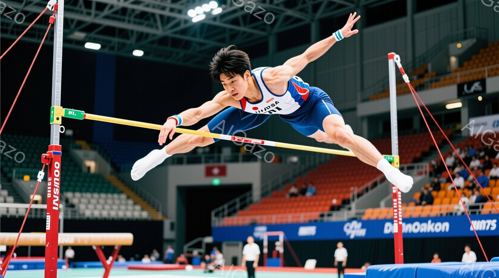 体操競技の選手が、跳馬の台を飛び越える瞬間を捉えた写真です。彼は青と赤の体操着を身につけ、短髪で集中した表情を見せています。背景には観客席と体育館の設備が見え、競技の臨場感が伝わってきます。