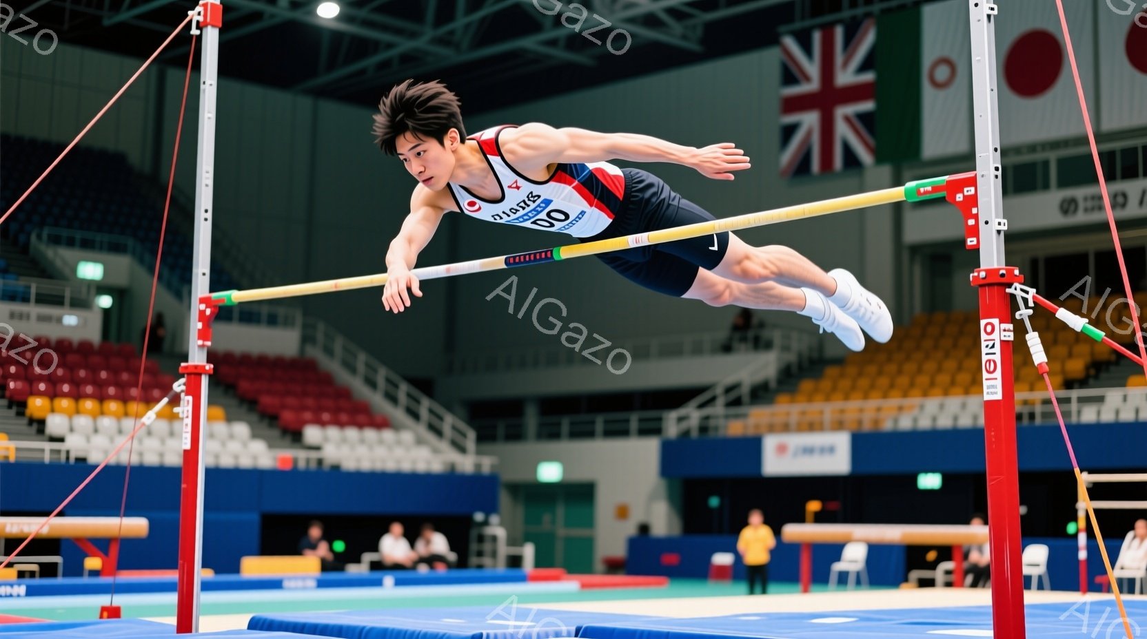 体操競技の選手が、高く跳び上がり、鉄棒を越えようとしています。彼は青と赤のユニフォームを着用し、短髪で、集中した表情をしています。背景には観客席と他の体操用具が見え、体育館内の明るい雰囲気です。 - AI生成フリー素材