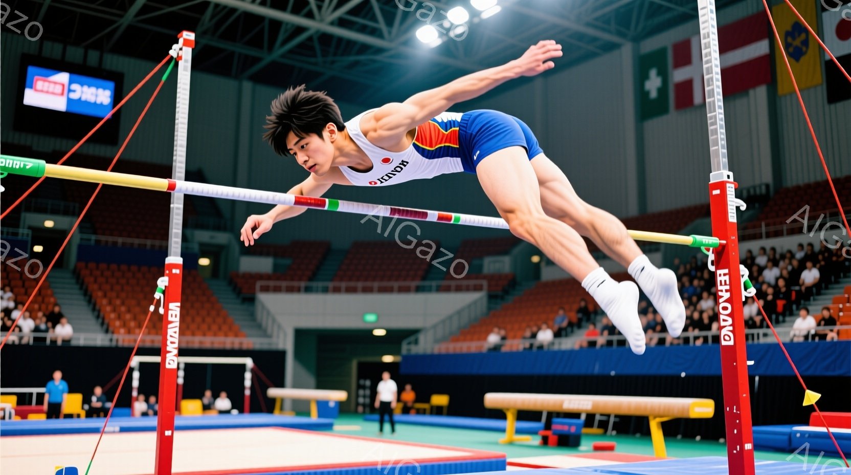 男子が体操の平行棒で技を行っている写真です。彼は青い体操着に身を包み、短髪で集中した表情を見せています。背景には観客席が見え、競技会場の熱気を感じさせます。