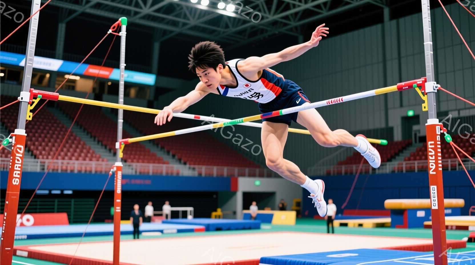 男子が体育館で高跳びの最中です。黒と赤のユニフォームを着ており、短髪で集中した表情をしています。背景には赤い座席と観客が見え、屋内競技場の活気ある雰囲気が伝わってきます。
