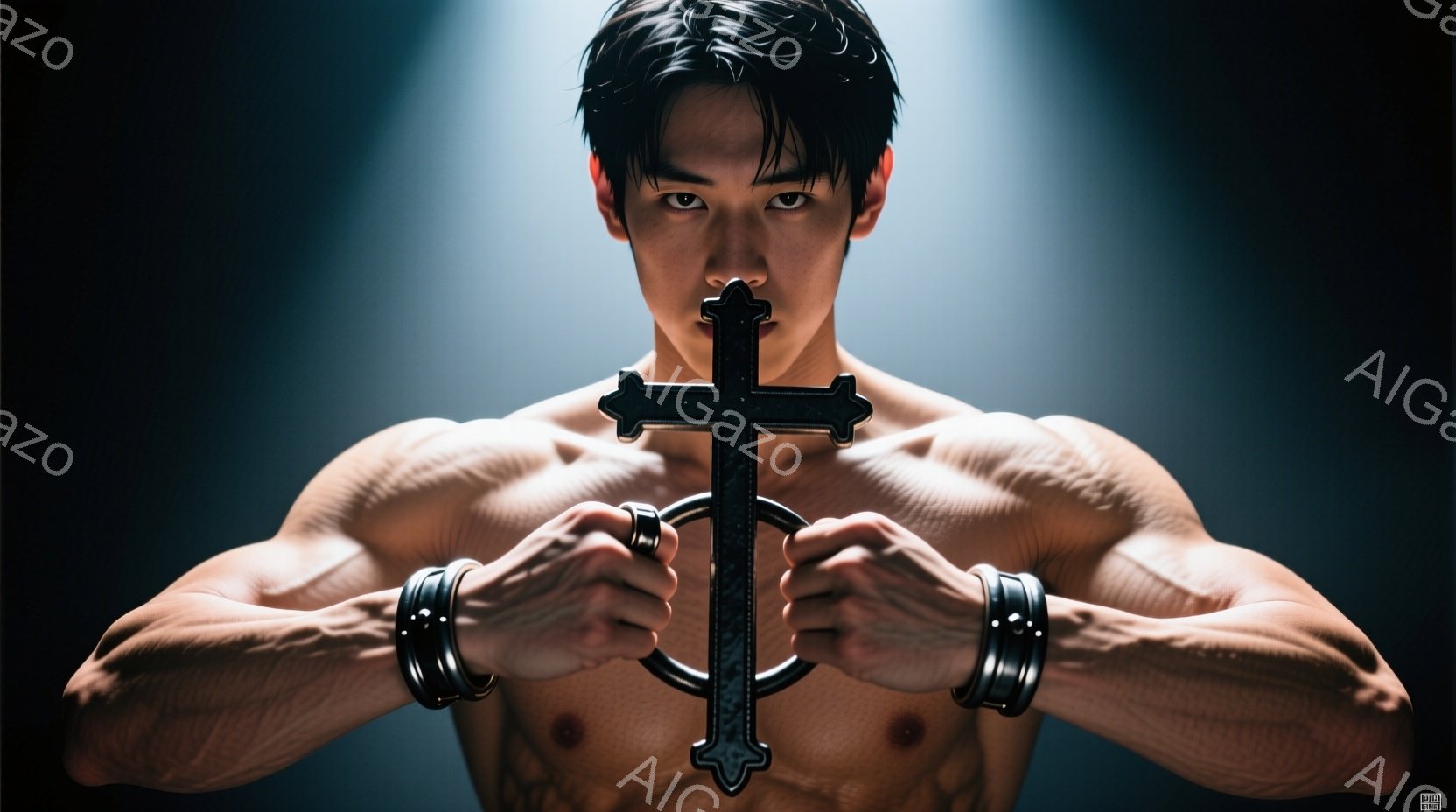 鍛え上げられた肉体を露わにした男性が、両手で黒い十字架を握り、手首には金属製の拘束具が巻かれている。彼の表情は険しく、強い意志と苦悩が混ざり合った様子を表している。背景は暗く、スポットライトが彼を照らし出し、緊張感と神秘的な雰囲気を醸し出している。