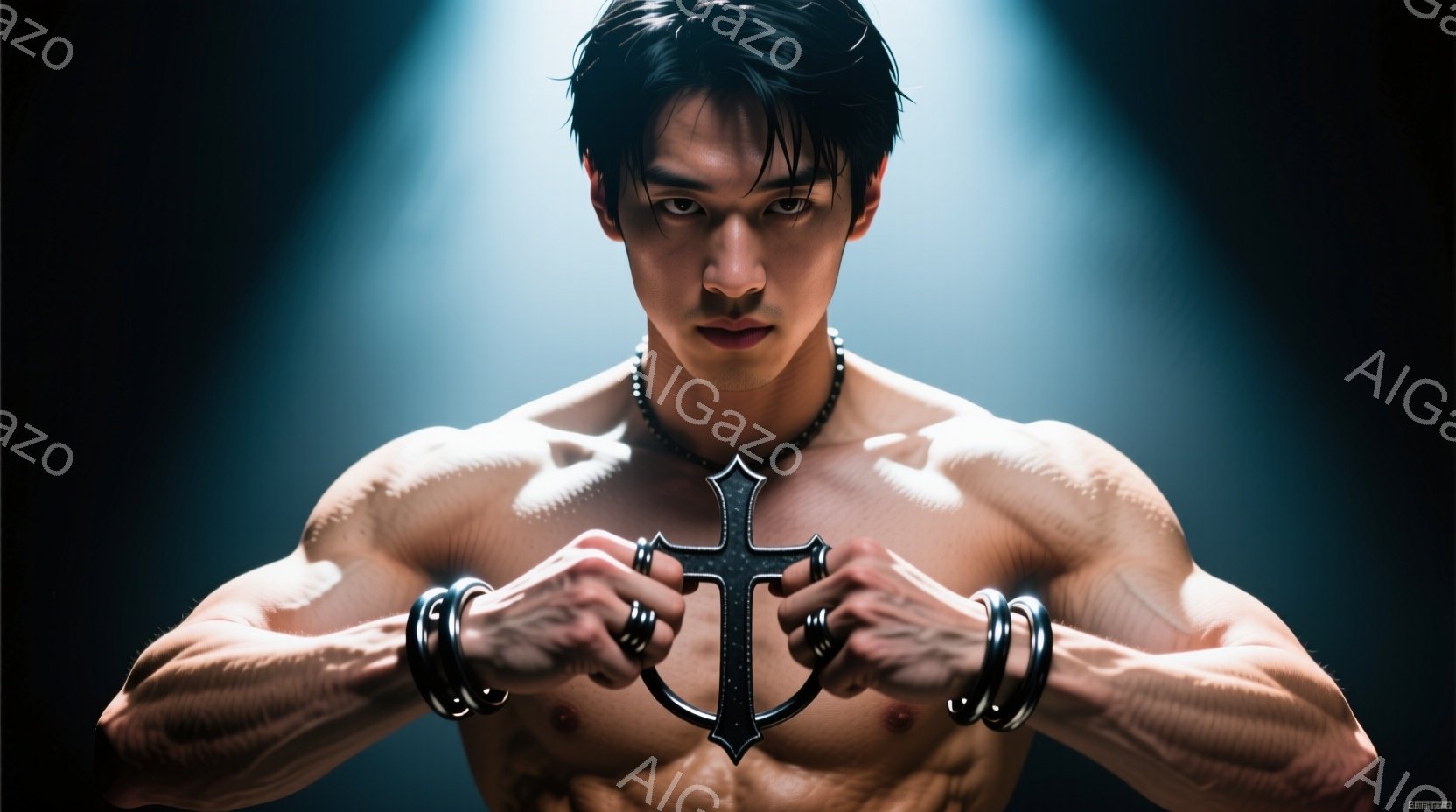 鍛え上げられた肉体を露わにした男性が、金属製の拘束具と黒い十字架のネックレスを身に着けている。彼は力強く腕を前に突き出し、厳しい表情で正面を見つめている。背景は暗く、スポットライトが彼に当たり、緊張感と威圧感のある雰囲気を醸し出している。