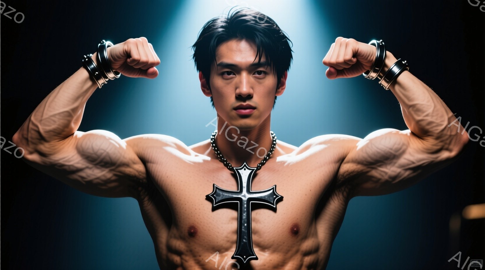 鍛え上げられた肉体を誇示する男性が写っている。彼は上半身裸で、首には十字架のネックレスを着用し、両腕を曲げて筋肉を強調している。背景は暗く、スポットライトが彼を照らし出し、力強く自信に満ちた雰囲気を醸し出している。