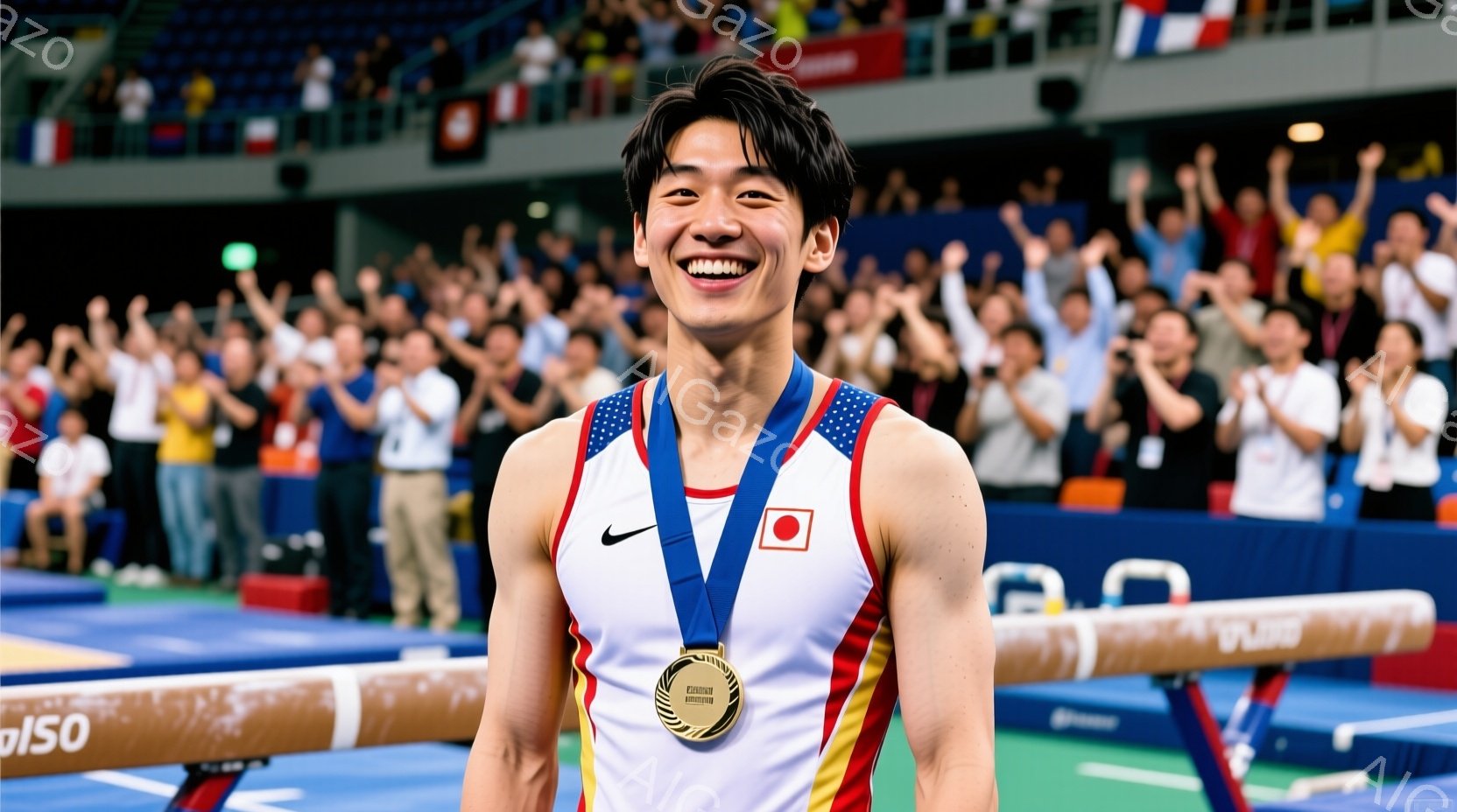 競技場で笑顔を見せる体操選手の姿が写っている。彼は赤いトリコットと紺色のショートパンツを着用し、首には金メダルが輝いている。背景には観客席が広がり、歓声が聞こえてくるかのような熱狂的な雰囲気が漂っている。