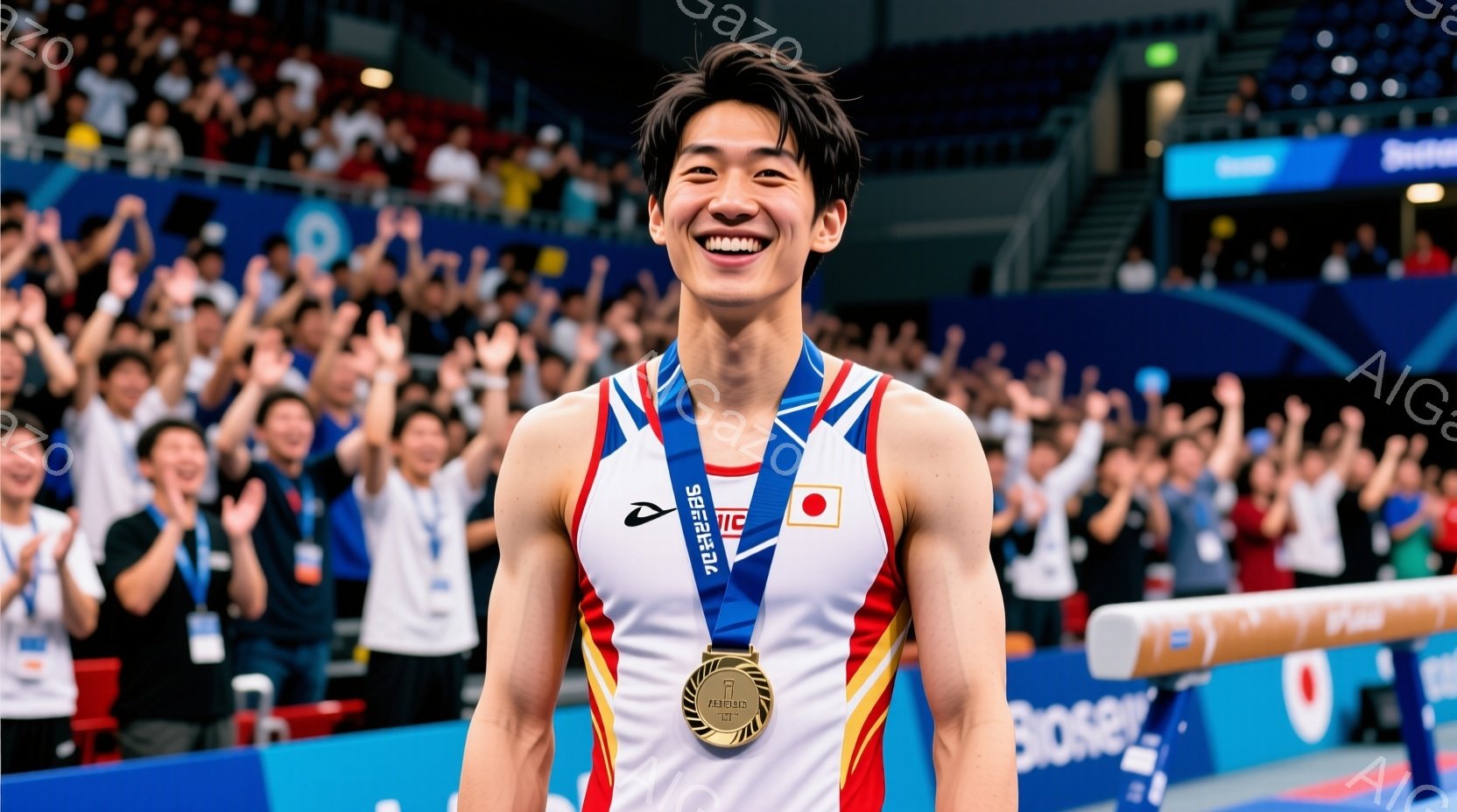 競技者が青色の体操競技用ウェアに、日本の国旗マークとスポンサーロゴが入ったユニフォームを着用し、金色のメダルを首にかけて満面の笑みを浮かべています。観客席には多くの人々がおり、拍手喝采を送っている様子がうかがえます。背景には、観客席と会場の構造がぼやけて見え、勝利の喜びと興奮に満ちた雰囲気が伝わってきます。